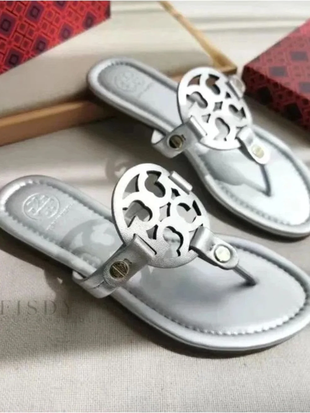 Tory Burch Silver Logo Thong Sandals